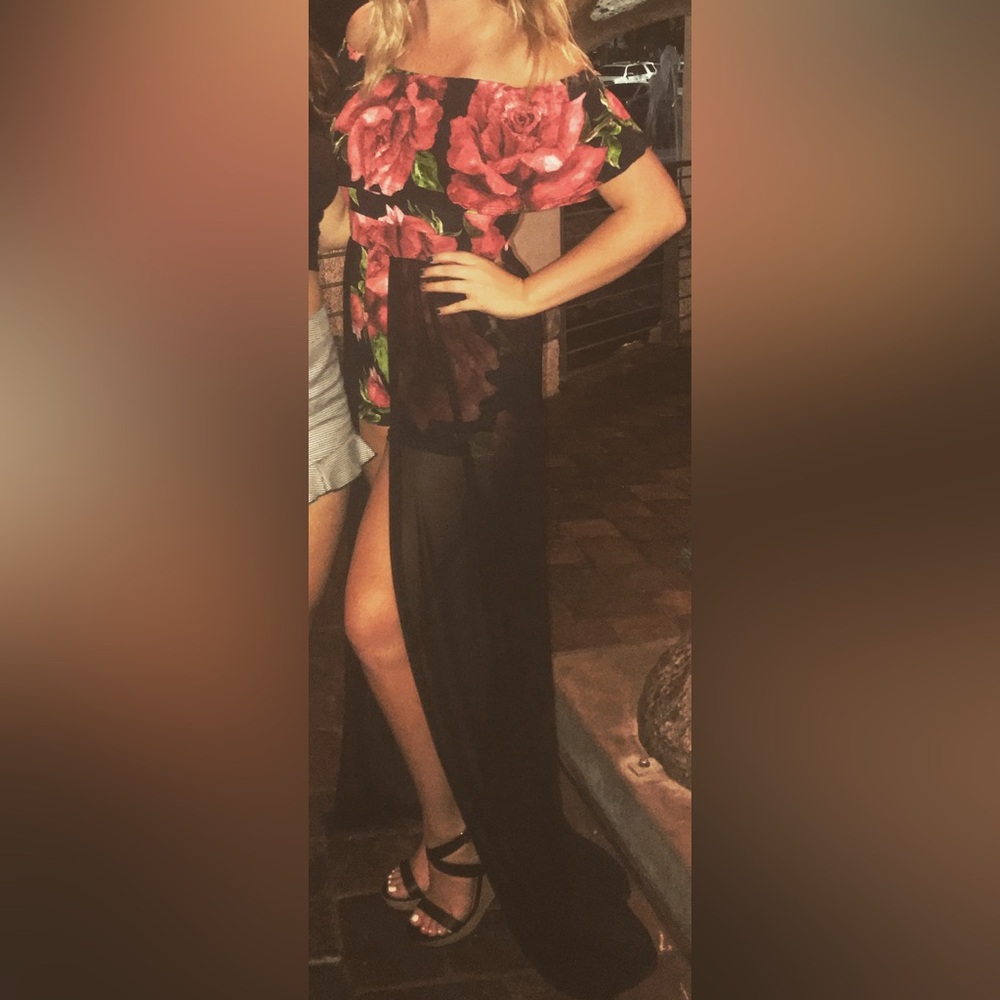 Black romper with roses and sheer black train